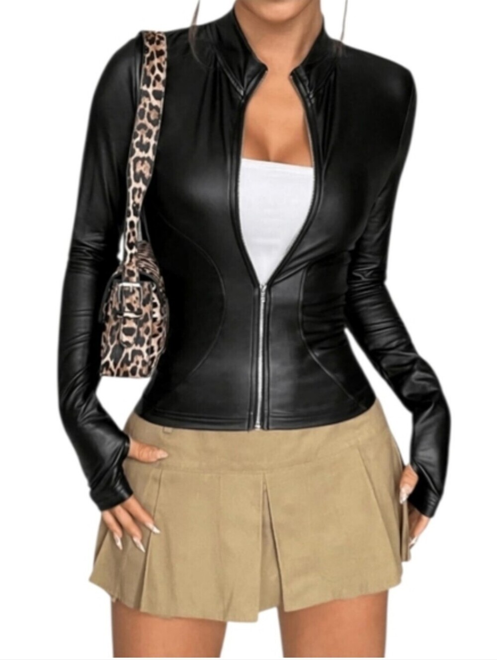 MakeMeChic Faux Leather Light Jacket, Fleece Lined Mock Neck